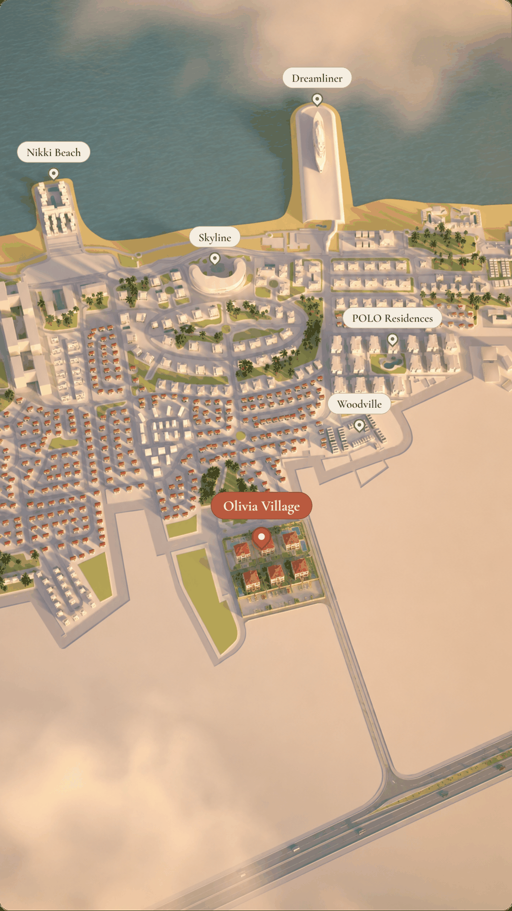 Карта расположения: Olivia Village и соседние посёлки Sea Breeze — Nikki Beach, Dreamliner, Skyline, POLO Residences, Woodville