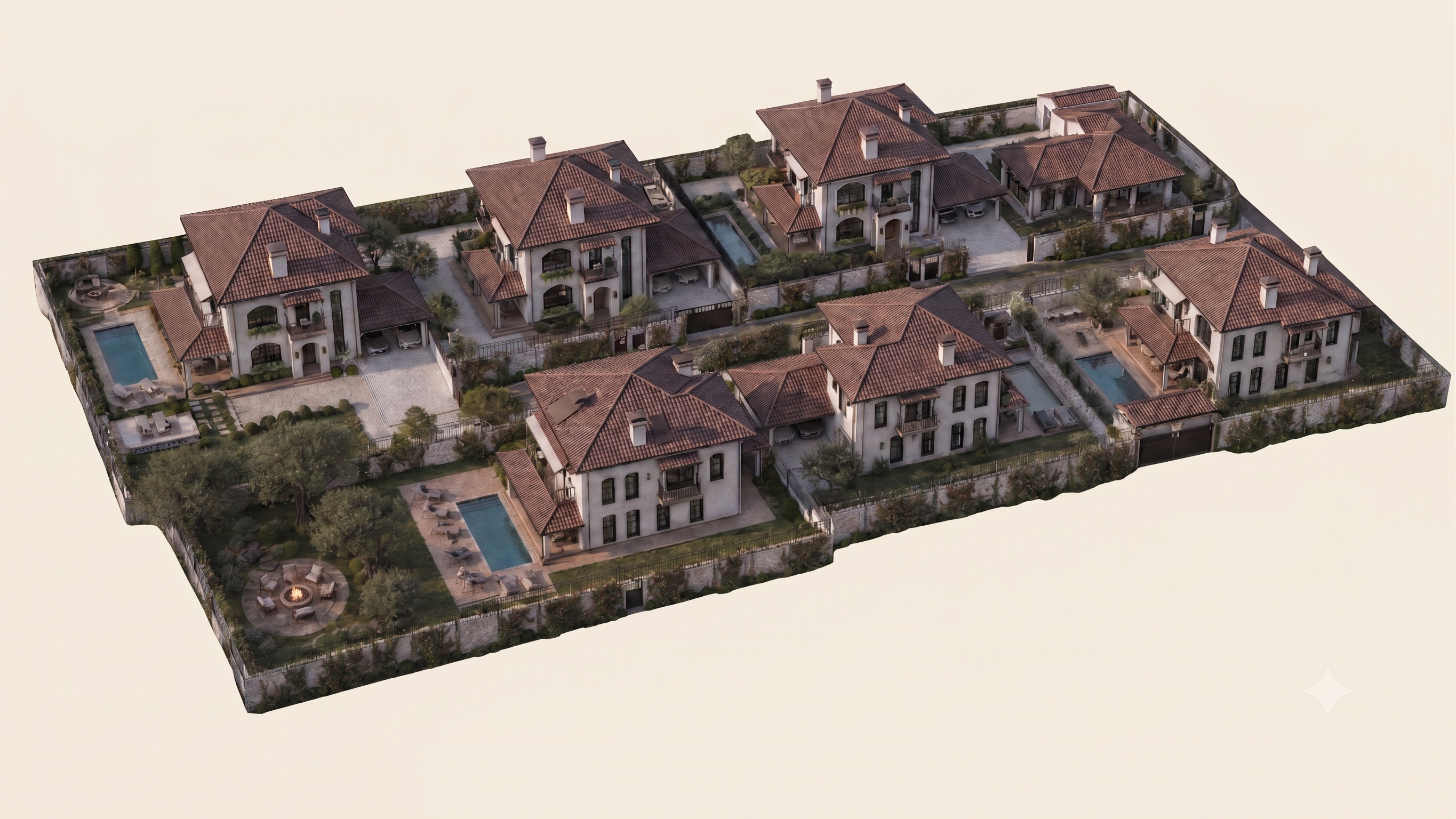 Генплан Olivia Village — расположение шести вилл с участками, бассейнами и дворами
